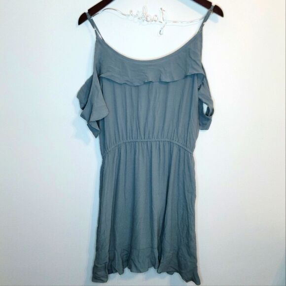 Roe + May Gray Ruffle Hanging Cold Shoulder Sleeve Vivi Mini Dress Size Large - Picture 7 of 11